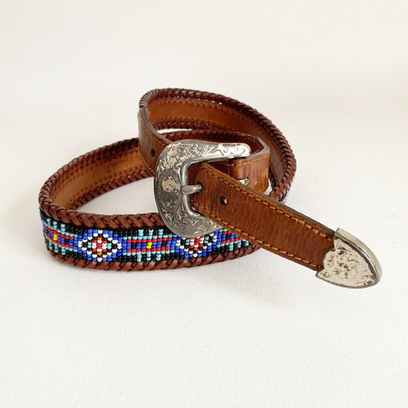 Eddie Bauer Other - Vintage Eddie Bauer 90's Western Native American Beaded Tipped Leather Belt 38”